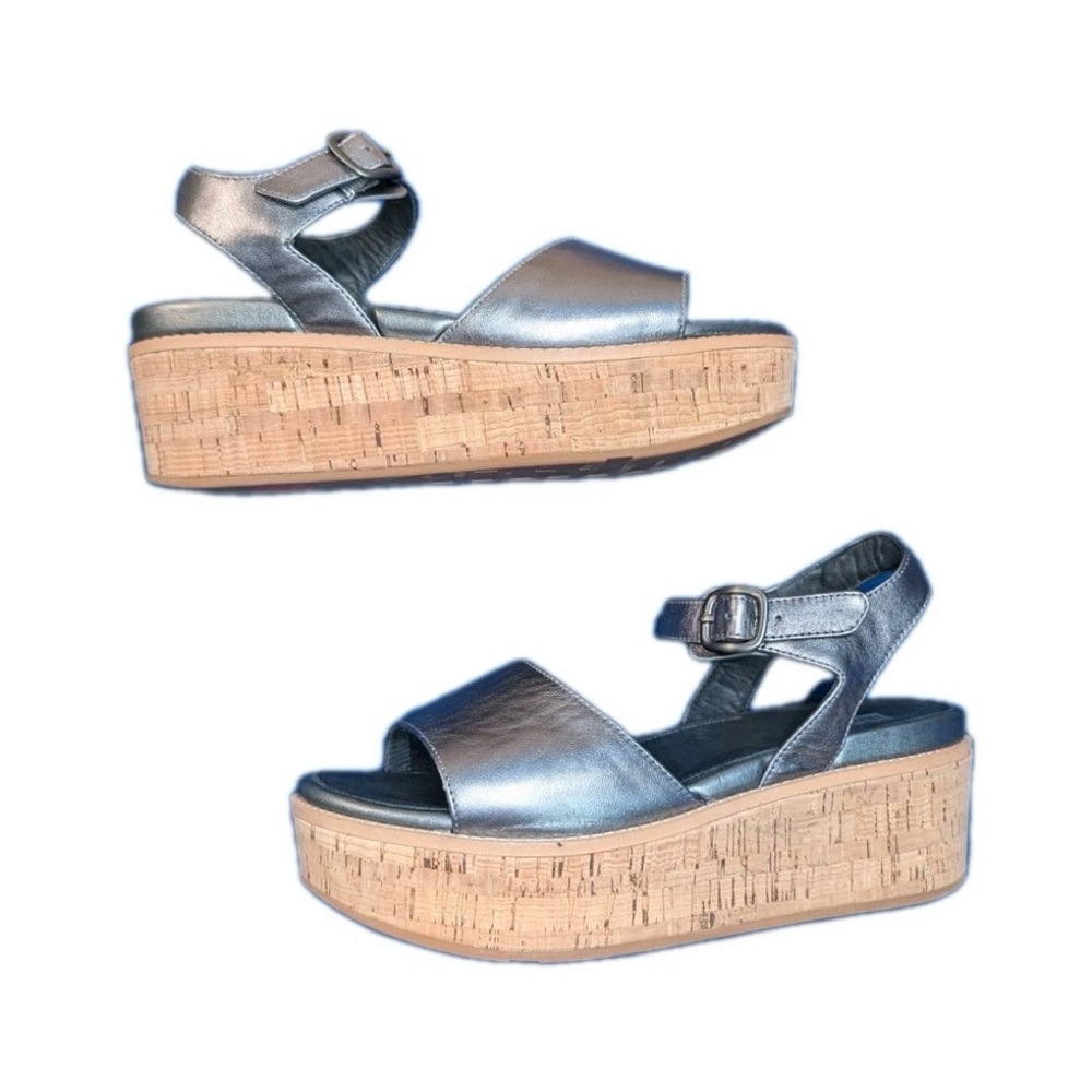 FitFlop Metallic Silver Leather Cork Platform Wedges